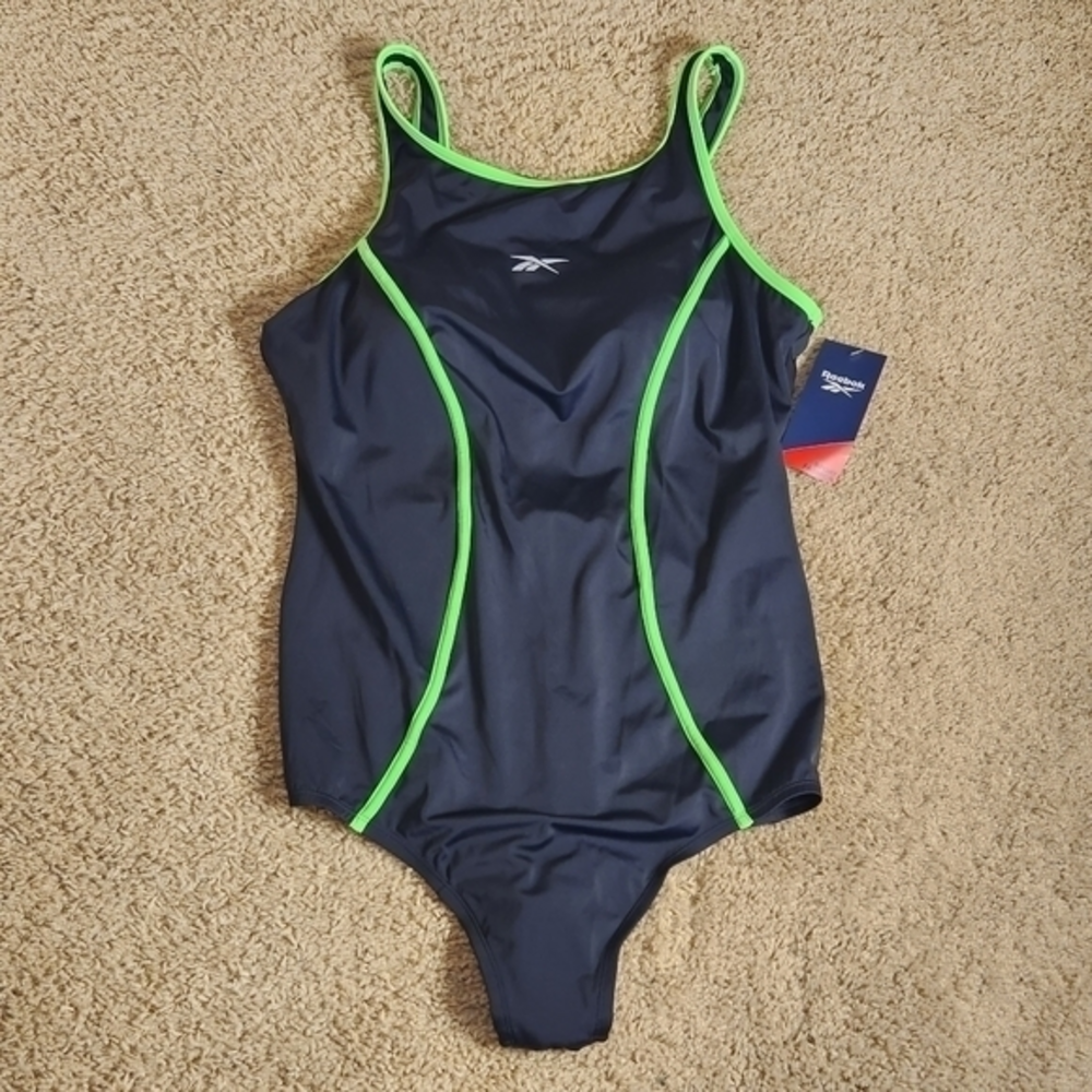 Reebok Sport Swimsuit NWT‎ Black Neon Green Size 10 Shaping Design Pool Nautical